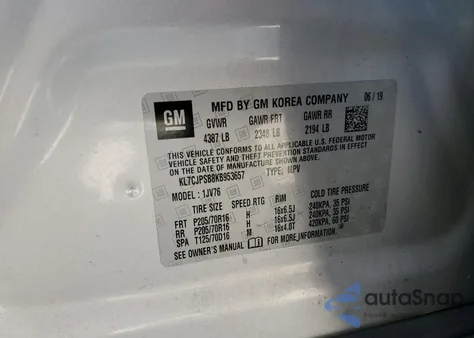 2019 Chevrolet Trax 1Lt z USA, uszkodzony, nr VIN KL7CJPSB8KB953657